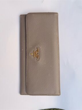Authentic Prada Saffiano Metal Leather Continental Flap Wallet - Taupe/Beige